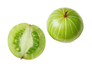 A whole and halved green round fruit on a black background