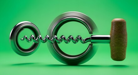 A close-up of a metallic corkscrew with a wooden handle against a vibrant green background, showcasing the tool used for opening bottles of wine or other beverages