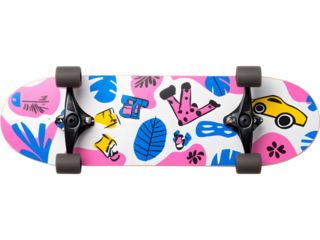 Skateboard with colorful tropical leaf pattern isolated on transparent background, perfect for youth and sport designs.