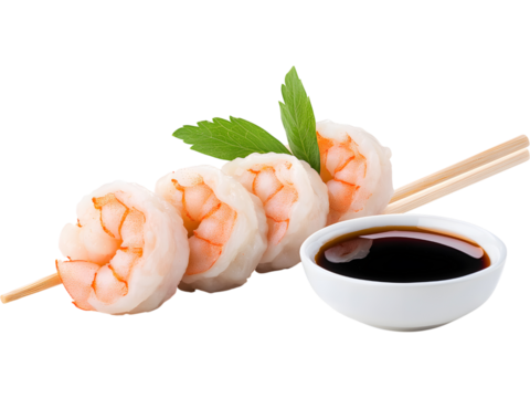 Shrimp dumplings with chopsticks and soy sauce isolated on transparent background, ideal for culinary, restaurant, and Asian-themed visuals. - Powered by Adobe