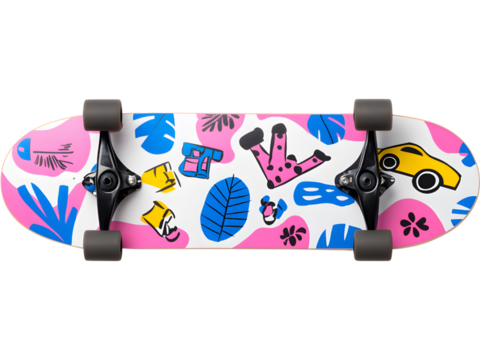 Skateboard with colorful tropical leaf pattern isolated on transparent background, perfect for youth and sport designs.