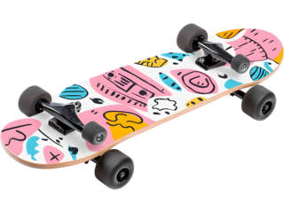 Skateboard with doodle graphic pattern isolated on transparent background, great for creative and urban lifestyle visuals.