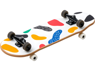 Skateboard with doodle graphic pattern isolated on transparent background, great for creative and urban lifestyle visuals.