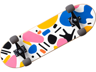 Skateboard with doodle graphic pattern isolated on transparent background, great for creative and urban lifestyle visuals.