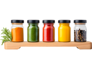 Wooden shelf with colorful spice jars isolated on transparent background, perfect for kitchen, recipe, and cooking visuals.