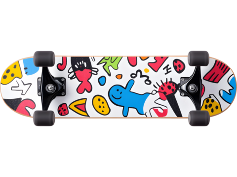 Skateboard with doodle graphic pattern isolated on transparent background, great for creative and urban lifestyle visuals.