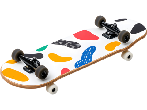 Skateboard with doodle graphic pattern isolated on transparent background, great for creative and urban lifestyle visuals.