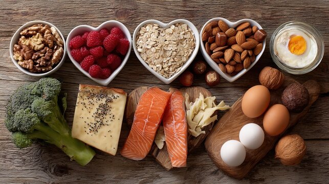 culpable. Assortment of heart-healthy foods arranged on a vintage wooden surface, nutritional concept with warm tones. menu design.