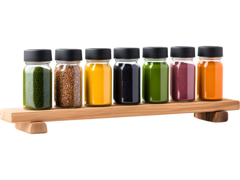 Collection of assorted spice jars on wooden shelf isolated on transparent background, ideal for culinary and food-themed visuals.