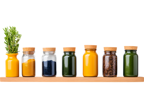 Collection of assorted spice jars on wooden shelf isolated on transparent background, ideal for culinary and food-themed visuals. - Powered by Adobe