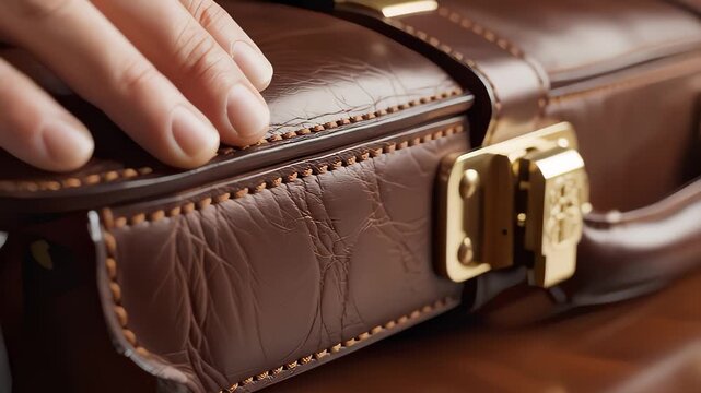 Hand Closing Brown Leather Briefcase Latch With Gold Hardware