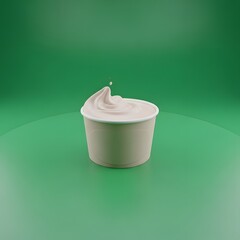 A close-up of a white container filled with creamy yogurt or mousse on a green background with a smooth surface and minimalistic style