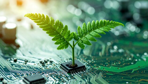 Green Technology - Plant Growing on Computer Chip, Sustainable Future. - Powered by Adobe