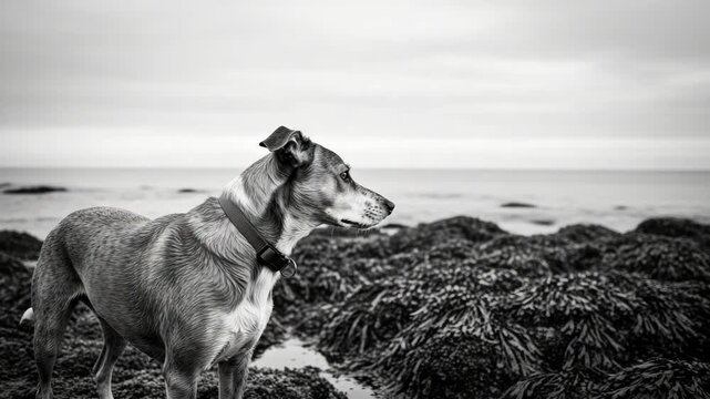 A pensive dog stands on a rocky, seaweed covered beach looking out towards the ocean. Black and white panoramic triptych showing a sequence of quiet contemplation and solitude