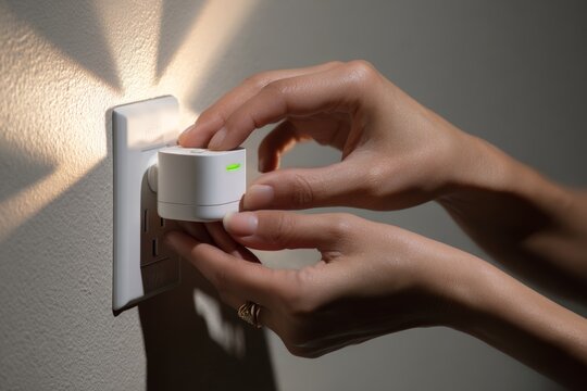 Pair of hands connecting a small wireless smart energy plug into a wall outlet, representing home automation, technology installation, and energy efficiency - Powered by Adobe