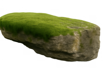 Stone covered with green moss and grass, natural rock formation with organic growth on transparent background