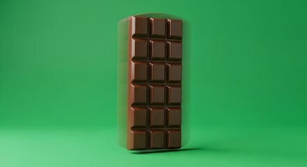 A modern chocolate bar with a sleek design standing upright against a vibrant green background, showcasing its segmented structure and smooth surface