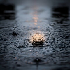 Close-up of a raindrop splashing into a calm water surface during a rainy day, creating ripples and droplets with a blurred background