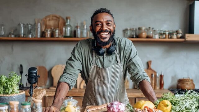 Chef's Culinary Delight: A cheerful chef stands amidst a vibrant kitchen landscape, brimming with fresh ingredients. This image encapsulates the essence of culinary art.