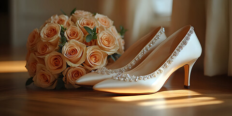 Elegant bridal shoes and delicate peach roses in soft natural light for a romantic wedding setting Generative AI