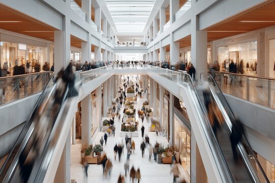 A wide-angle motion-blur shot of shoppers walking through the multi-level atrium of a modern, bright shopping mall with escalators, representing consumerism, urban commerce, and retail dynamics