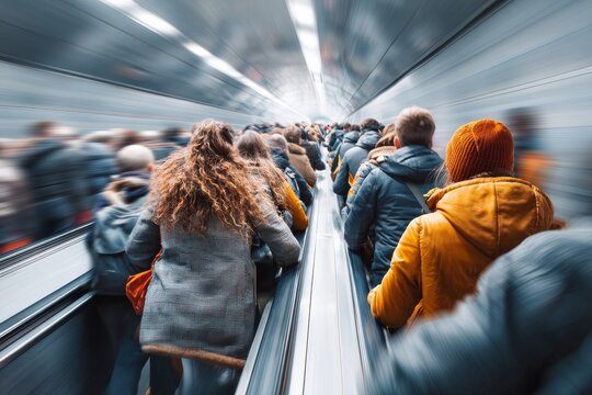 Motion blur rear view of a large crowd of people ascending a long escalator in a dark, metallic metro station tunnel, representing urban commuting and the rush of city life - Powered by Adobe
