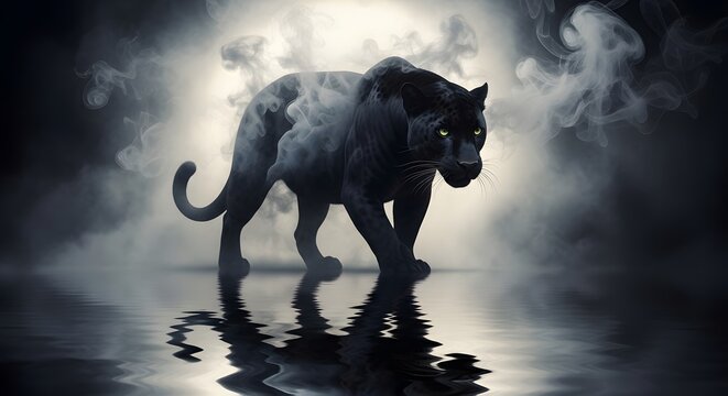 A mysterious black panther walking through foggy water with a moonlit background creating an enigmatic atmosphere