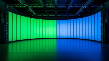 Curved screen stage with green blue gradient