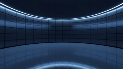 Futuristic curved room with glowing blue panels