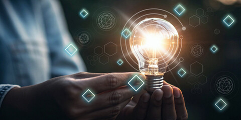 Technology and Innovation Background. Hand holding a glowing light bulb and geometric graphics representing creative thinking and technological innovation.
