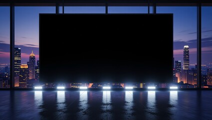 Dusk cityscape with large dark screen and reflective floor