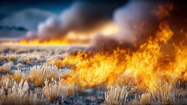 Inferno: The raging blaze of a wildfire engulfs the dry grassland, intense heat and smoky skies, a potent reminder of nature's formidable power. 