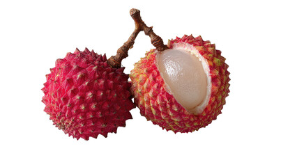 Two vibrant red textured fruits, one peeled revealing juicy white flesh