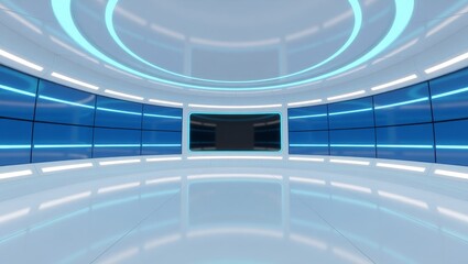 Futuristic control room with circular blue lighting and screens