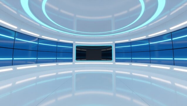 Futuristic control room with circular blue lighting and screens