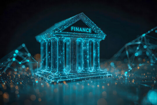 Digital futuristic representation of a financial institution building glowing in blue with blockchain technology and data connections in a dark background scene