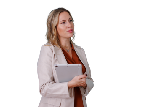 Businesswoman managing projects and making decisions with a digital tablet on a transparent background for versatile use