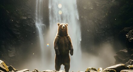 A majestic bear standing upright on rocky terrain in front of a cascading waterfall surrounded by lush greenery and mist, creating a serene natural scene