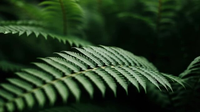 Close up of lush green fern fronds in a dark moody forest. Natural botanical background for wellness and environmental themes. Cinematic sequence of jungle plant life