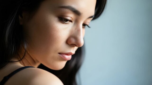 Beautiful young asian woman in a pensive profile portrait looking down thoughtfully. Natural skin and serene expression for beauty and skincare concepts. Wide banner format with copy space