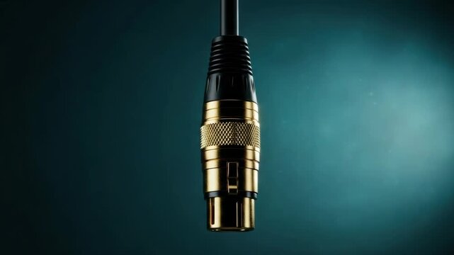 Premium gold plated audio connector for professional sound equipment. High fidelity signal transmission for music studio or live performance. Cinematic macro detail on a dark background