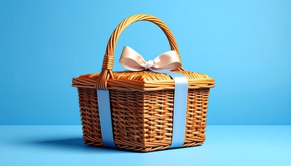 Wicker Basket with Blue Ribbon on Blue Background.