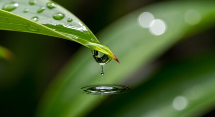 Close-up of a water droplet falling from a green leaf with a blurred natural background highlighting freshness and purity