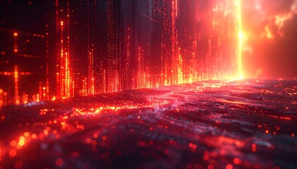 Abstract view with red light points evoking a digital scape or glowing city, blurry at the bottom