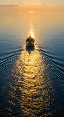 A boat sailing on calm waters during a beautiful sunset with golden reflections on the surface of the water and a serene sky in the background
