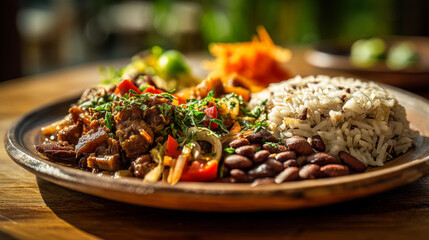 A plate of caribbean food with rice and peas meat and vegetables on a wooden table in soft lighting