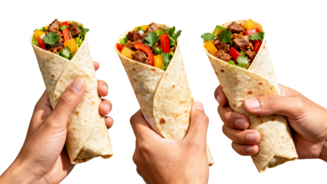 Delicious Burritos Hands Holding Colorful Wraps Stuffed with Fresh Ingredients for a Satisfying Meal
