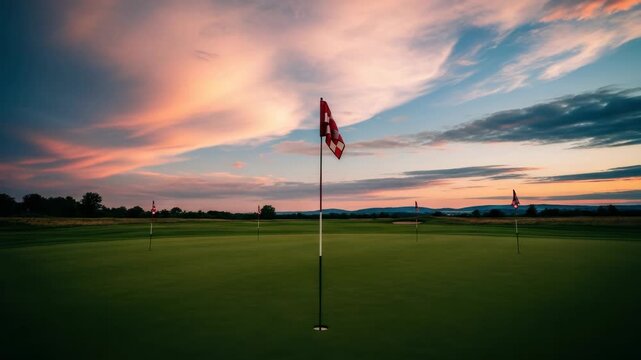 Sequence of a golf flag waving in the wind on a manicured green during a beautiful sunset. Scenic sports landscape for leisure activities and outdoor recreation backgrounds
