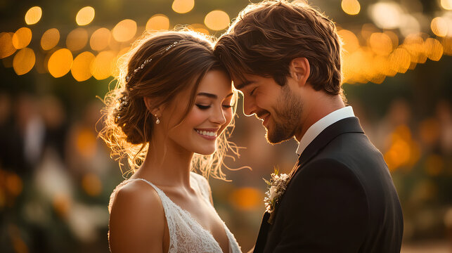 Couple shares a joyful moment during their outdoor wedding ceremony in the golden hour light Generative AI