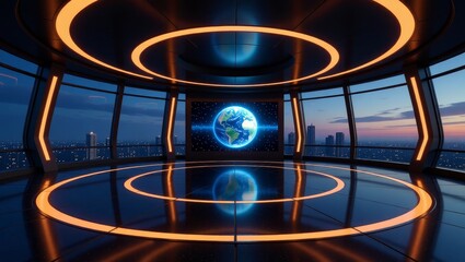 Futuristic control room with Earth display and cityscape at dusk